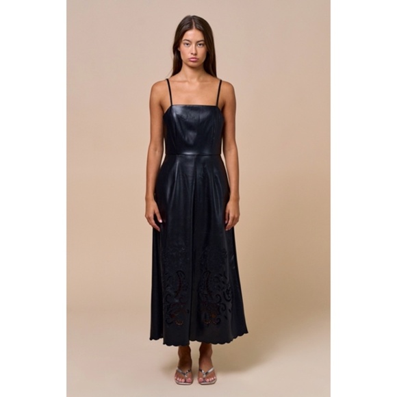 Black Faux Leather Scalloped Lace Design Hem Maxi Cocktail Party Dress - Picture 2 of 4